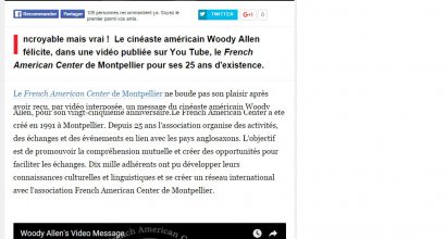 Presse - Woody Allen félicite le French American Center de Montpellier !